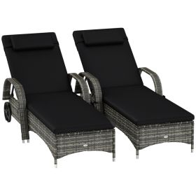 2 Reclining Chaise Lounge Chairs, Rolling Outdoor Chairs With Cushion, Pillow, Headrest, Armrests, And Wheels, Black (Option: BlacK)